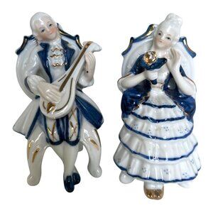 Vtg Porcelain Victorian Couple Sitting Playing Mandolin White Blue & Gold RARE